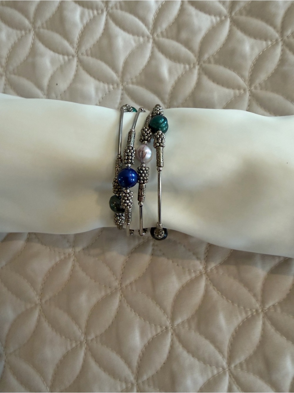 Silver-Tone Stackable Beaded Bracelet Set with Blue, Green and Pearl Accents